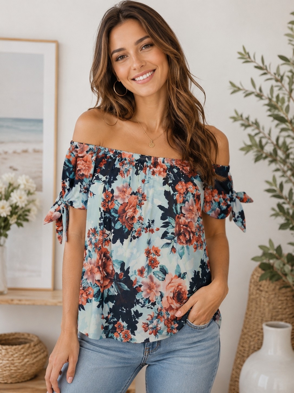 HEIMISH USA Off-Shoulder Floral Blouse in Light Blue and Coral Cottagecore Boho